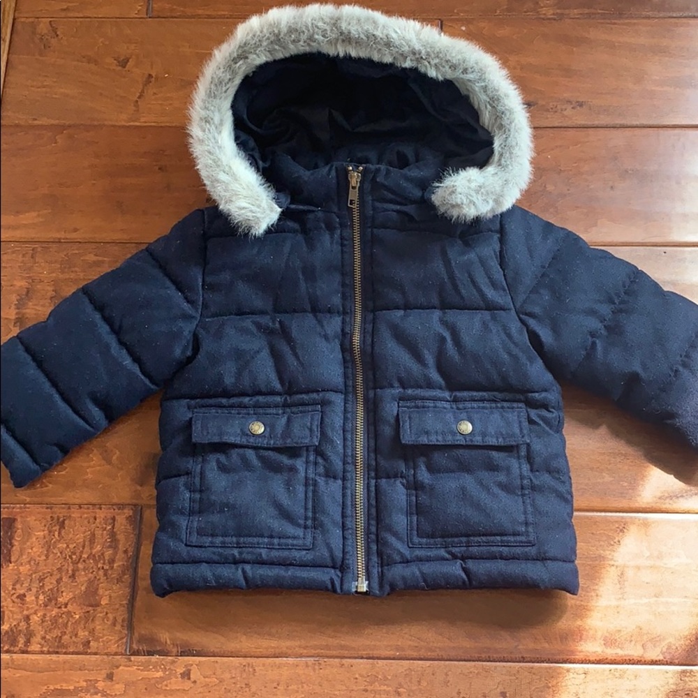 Janie and Jack navy puffer removable hood 18-24 m